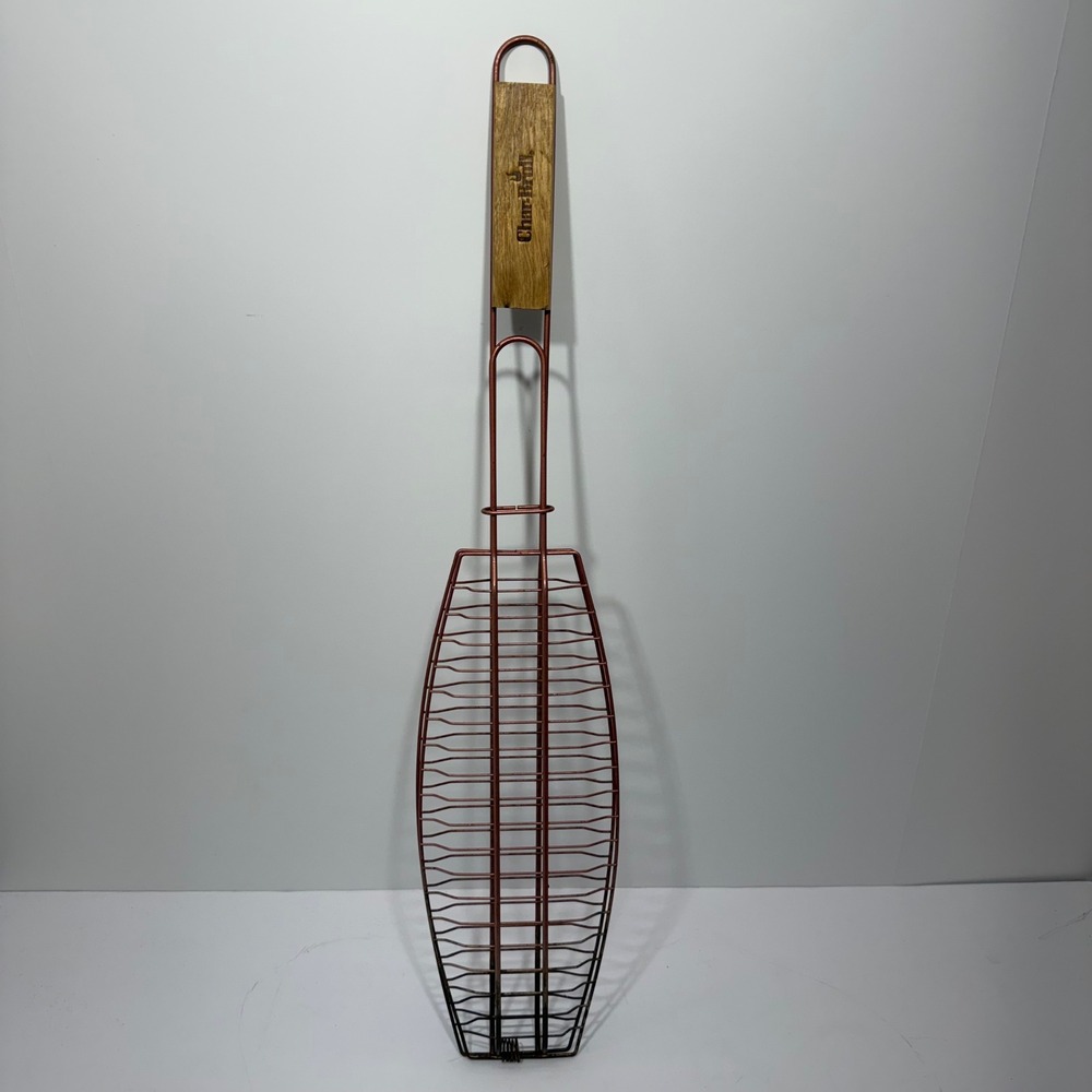Char-Broil Fish Grilling Basket Copper Colored Metal Wire BBQ Tool Wood Handle